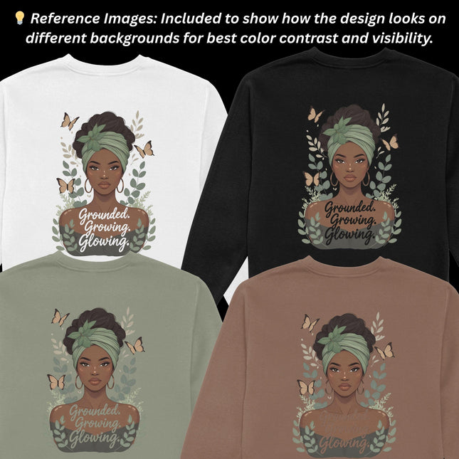 Boho Queen PNG Bundle of 5 High-Res “Grounded. Growing. Glowing Digital File Style Junction – Custom Digital Designs & Apparel