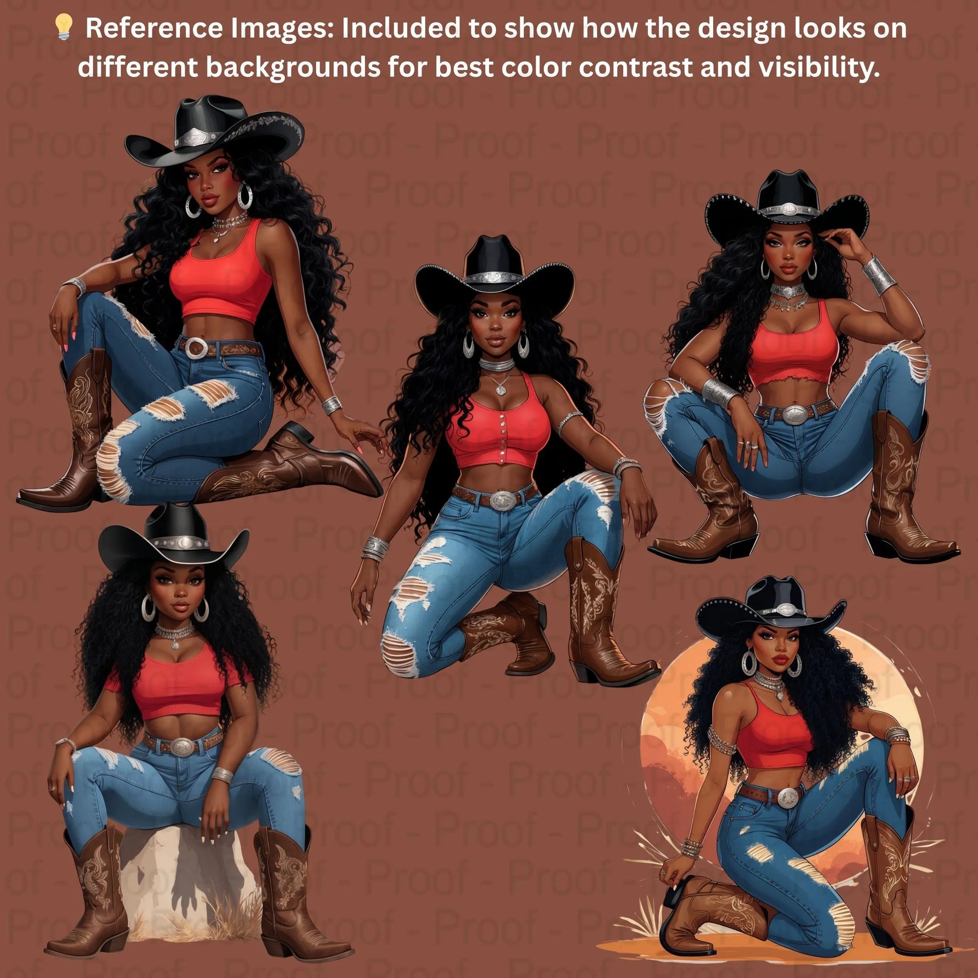 Desert Sunset Sistas Cowgirl PNG Bundle | 5 Black Cowgirl Clipart Illustrations | Transparent PNGs for Sublimation T-Shirts, Mugs. Digital File Style-Junction Custom Designs & Prints