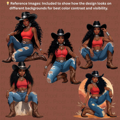 Desert Sunset Sistas Cowgirl PNG Bundle | 5 Black Cowgirl Clipart Illustrations | Transparent PNGs for Sublimation T-Shirts, Mugs. Digital File Style-Junction Custom Designs & Prints