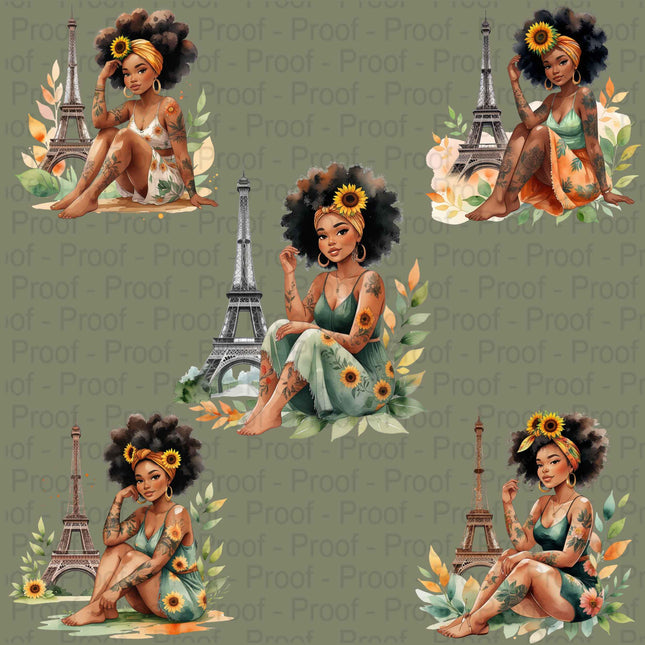 Watercolor Afro Girl in Paris PNG Bundle of 5 Digital File Style Junction – Custom Digital Designs & Apparel