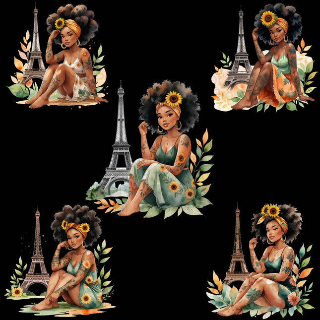 Watercolor Afro Girl in Paris PNG Bundle of 5 Digital File Style Junction – Custom Digital Designs & Apparel