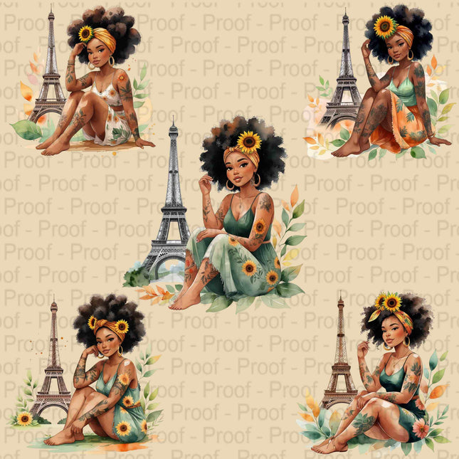 Watercolor Afro Girl in Paris PNG Bundle of 5 Digital File Style Junction – Custom Digital Designs & Apparel
