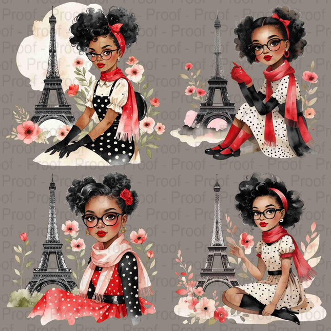 Paris Afro Girl Clipart Bundle of 4 Chic Black Girl PNGs with Eiffel Tower Digital File Style Junction – Custom Digital Designs & Apparel