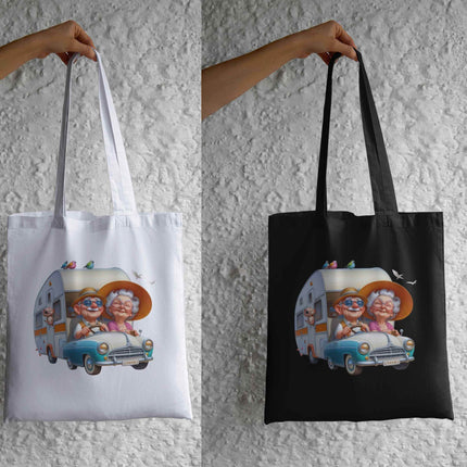 Vintage RV Senior Couple Clipart from Style Junction Custom Digital Designs featuring joyful retirees on a retro camper adventure.