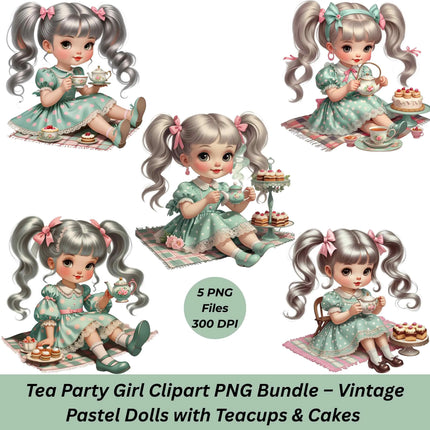 Tea Party Girl PNG Bundle – 5 Vintage Pastel Doll Clipart Files Digital File Style-Junction Custom Designs & Prints