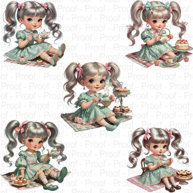 Tea Party Girl PNG Bundle – 5 Vintage Pastel Doll Clipart Files Digital File Style-Junction Custom Designs & Prints