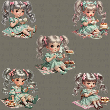 Tea Party Girl PNG Bundle – 5 Vintage Pastel Doll Clipart Files Digital File Style-Junction Custom Designs & Prints