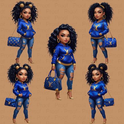 Royal Blue Fashion Girl PNG – High-Res Clipart for Sublimation Digital File Style-Junction Custom Designs & Prints