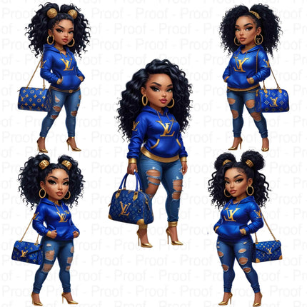 Royal Blue Fashion Girl PNG – High-Res Clipart for Sublimation Digital File Style-Junction Custom Designs & Prints