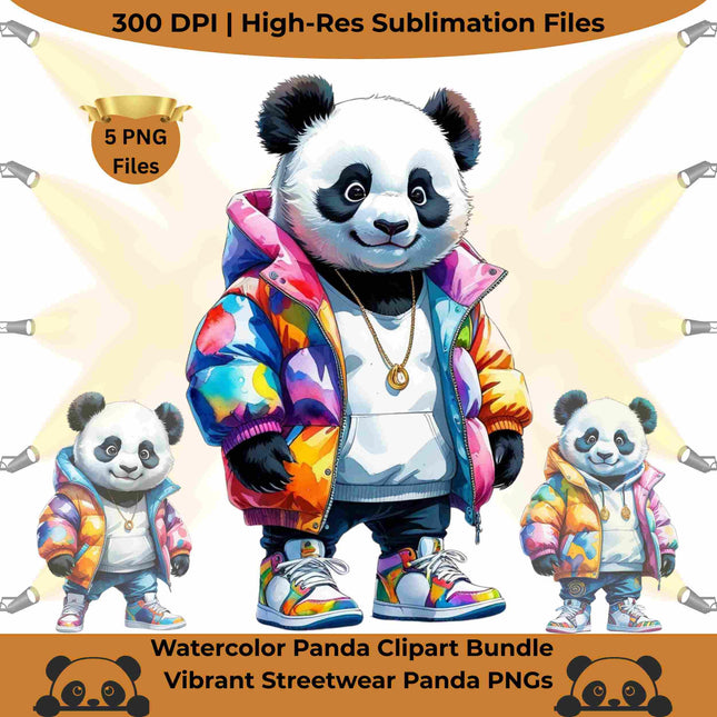 Watercolor Panda Clipart Bundle of 5 Vibrant Streetwear Panda Digital File Style Junction – Custom Digital Designs & Apparel