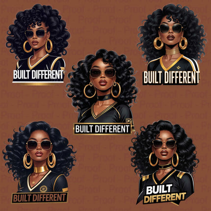 Built Different PNG Bundle – 5 Black Queen Clipart Files Digital File Style-Junction Custom Designs & Prints
