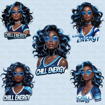 Chill Energy Ice Blue Afro Queen PNG Bundle | 5 High-Res Transparent Sublimation Clipart Files for T-Shirts, Hoodies, Mugs & More Digital File Style-Junction Custom Designs & Prints
