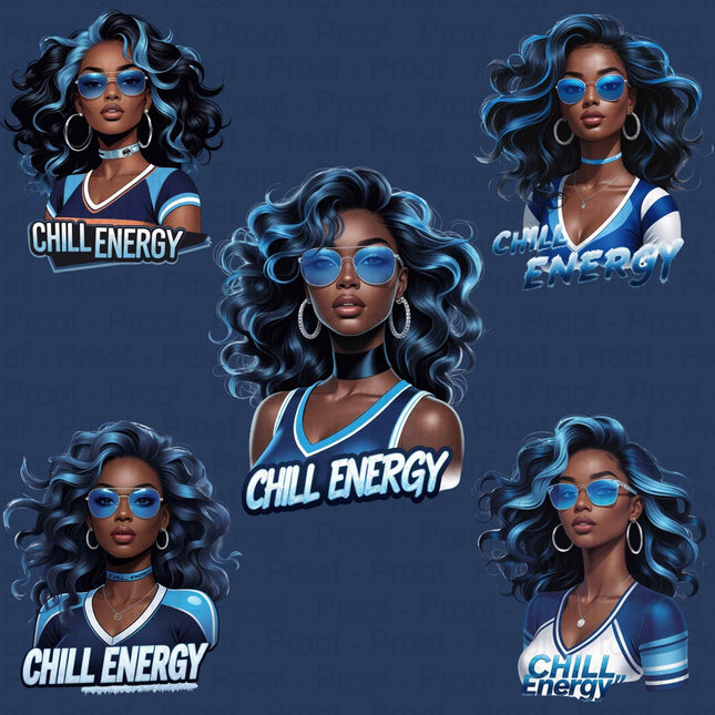 Chill Energy Ice Blue Afro Queen PNG Bundle of 5 Digital File Style Junction – Custom Digital Designs & Apparel