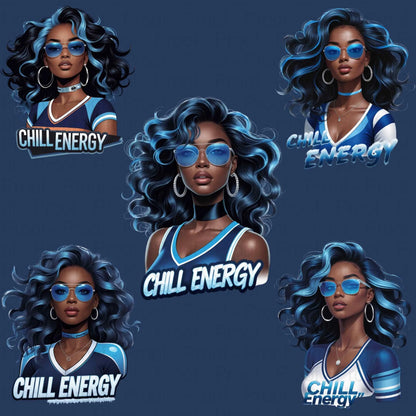 Chill Energy Ice Blue Afro Queen PNG Bundle | 5 High-Res Transparent Sublimation Clipart Files for T-Shirts, Hoodies, Mugs & More Digital File Style-Junction Custom Designs & Prints