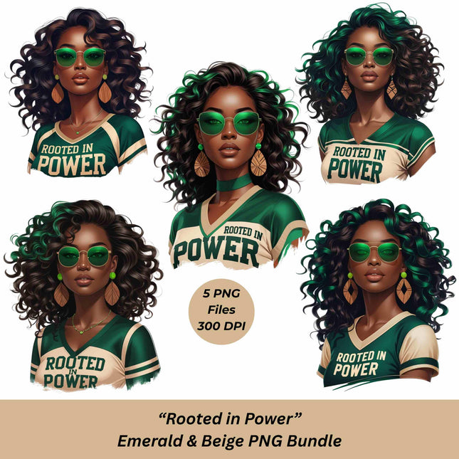 Rooted in Power PNG Bundle of 5 Emerald & Beige Afro Woman Digital File Style Junction – Custom Digital Designs & Apparel