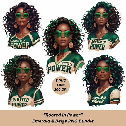 Rooted in Power PNG – 5 Afro Woman Clipart in Emerald & Beige Digital File Style-Junction Custom Designs & Prints