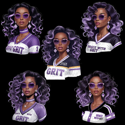 Grace with Grit PNG – 5 Lavender Afro Woman Clipart Designs Digital File Style-Junction Custom Designs & Prints