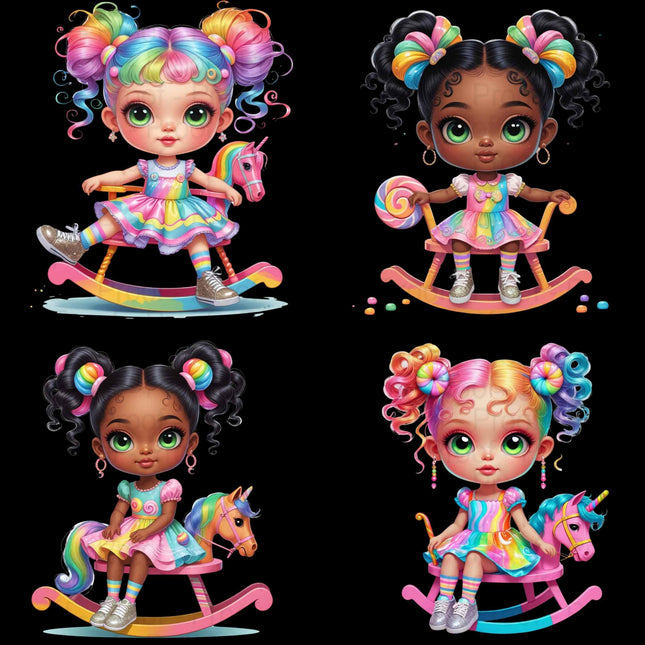 Rainbow Rocking Horse Girls Clipart Bundle | 8 High-Res Transparent PNGs for Sublimation, T-Shirts, Mugs, Tote Bags, and Stickers Etsy