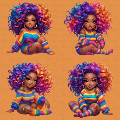 Rainbow Curls & Curves PNG Bundle | 8 Bold Black Women Clipart for Sublimation – High-Res Transparent Files for Shirts, Mugs More Digital File Style-Junction Custom Designs & Prints