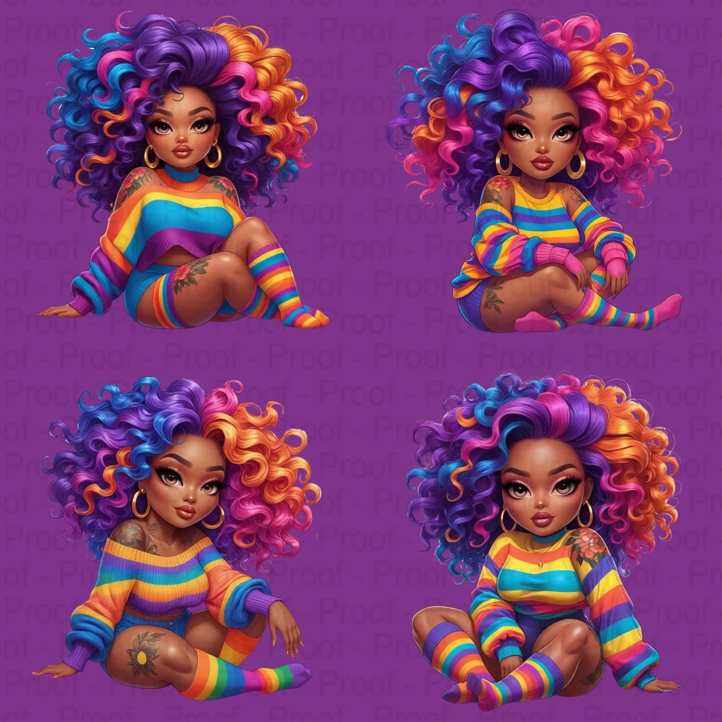 Rainbow Curls & Curves PNG Bundle | 8 Bold Black Women Clipart for Sublimation – High-Res Transparent Files for Shirts, Mugs More Digital File Style-Junction Custom Designs & Prints