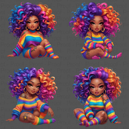 Rainbow Curls & Curves PNG Bundle | 8 Bold Black Women Clipart for Sublimation – High-Res Transparent Files for Shirts, Mugs More Digital File Style-Junction Custom Designs & Prints