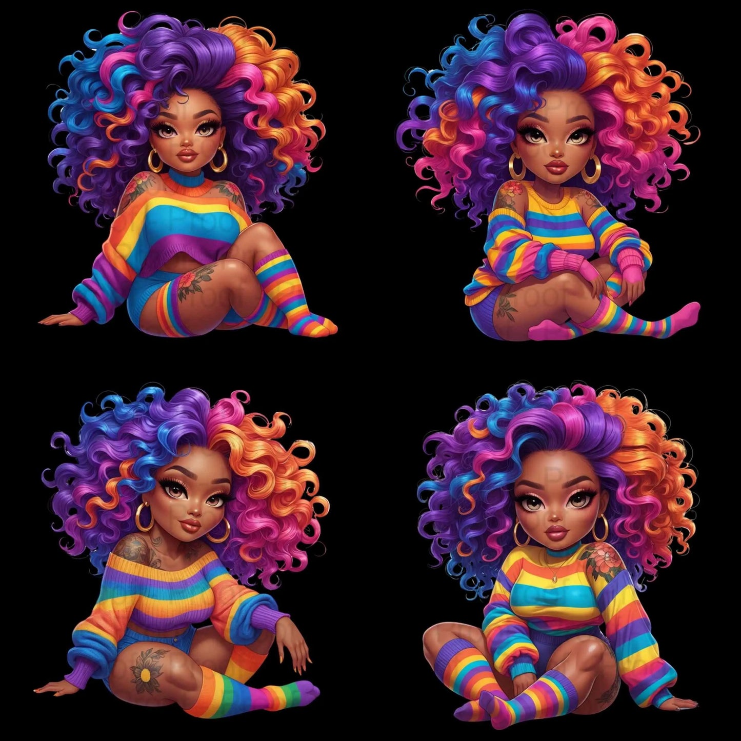 Rainbow Curls & Curves PNG Bundle | 8 Bold Black Women Clipart for Sublimation – High-Res Transparent Files for Shirts, Mugs More Digital File Style-Junction Custom Designs & Prints