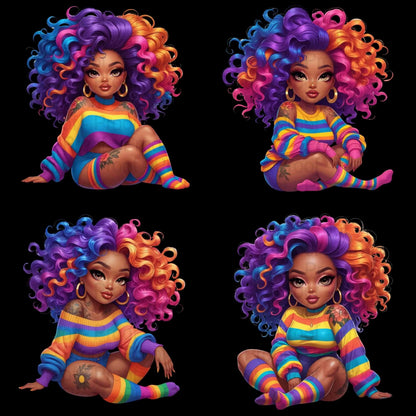 Rainbow Curls & Curves PNG Bundle | 8 Bold Black Women Clipart for Sublimation – High-Res Transparent Files for Shirts, Mugs More Digital File Style-Junction Custom Designs & Prints