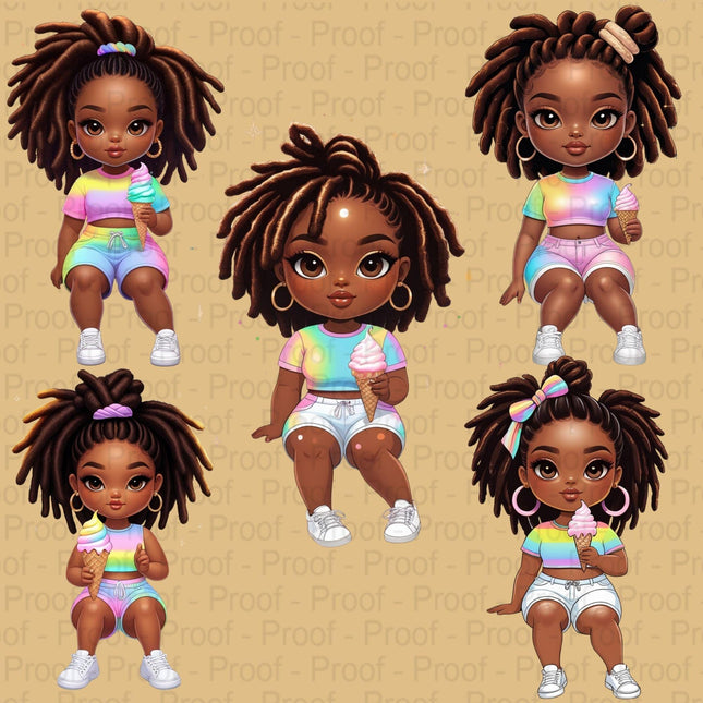 Curly Black Girl Clipart PNG Bundle of 5 Sitting Pose Ice Cream Art Digital File Style Junction – Custom Digital Designs & Apparel