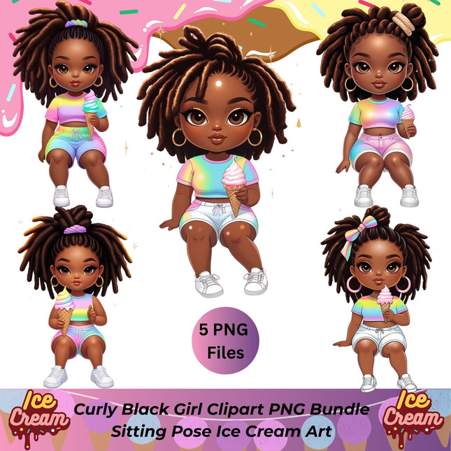 Curly Black Girl Clipart PNG Bundle of 5 Sitting Pose Ice Cream Art Digital File Style Junction – Custom Digital Designs & Apparel