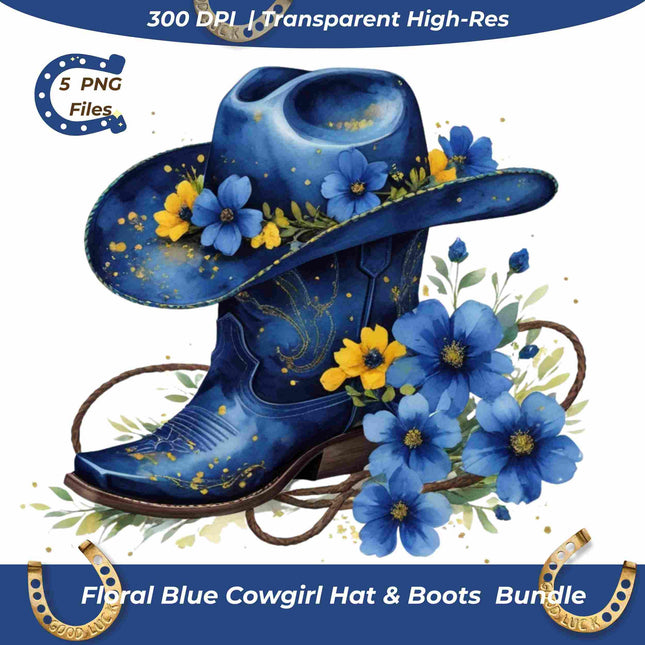 Floral Blue Cowgirl Hat & Boots PNG Bundle of 5 High-Res Western Digital File Style Junction – Custom Digital Designs & Apparel