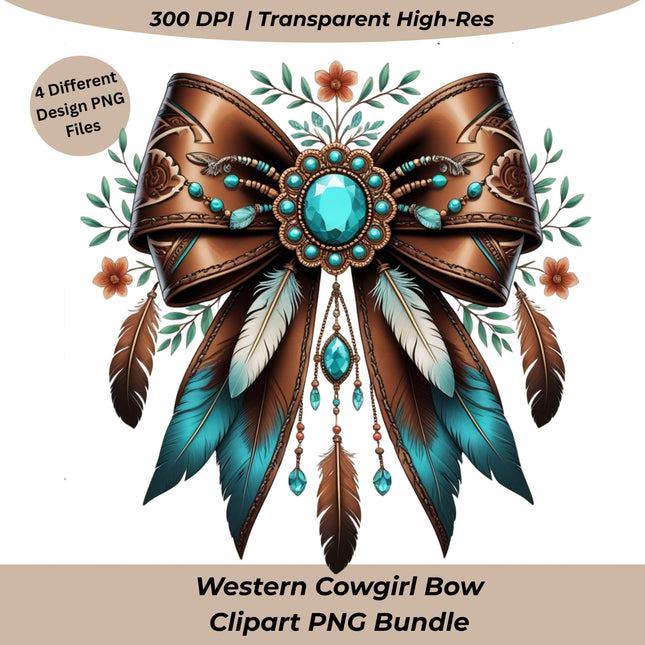 Western Cowgirl Bow Clipart PNG Bundle 4 High-Resolution Turquoise Feather Digital File Style Junction – Custom Digital Designs & Apparel