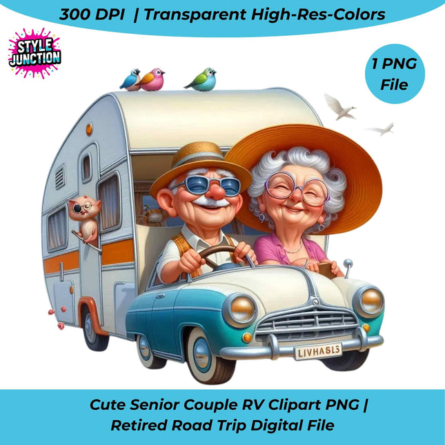 Vintage RV Senior Couple Clipart featuring a joyful elderly couple in a retro camper by Style Junction Custom Digital Designs.