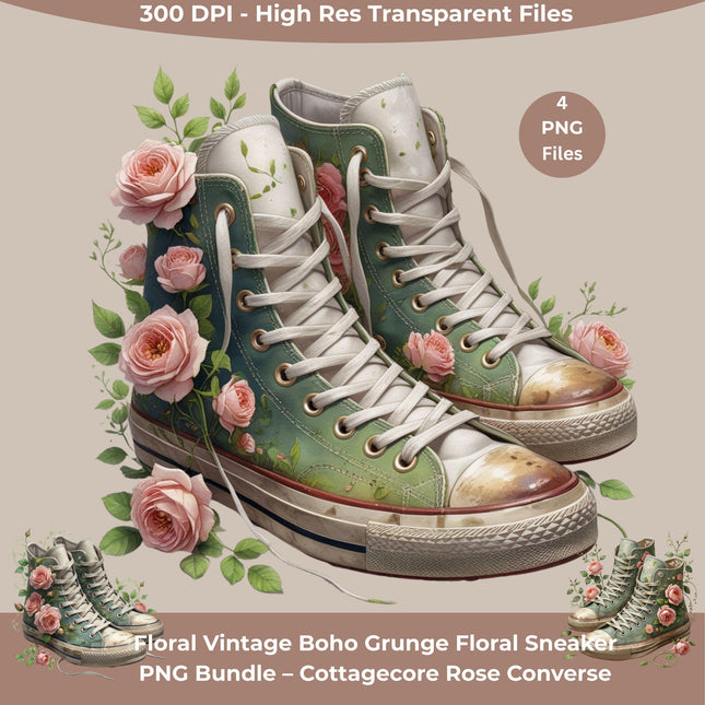 Vintage Floral Boho Grunge Floral Sneaker PNG Bundle 4 Cottagecore Rose Converse Clipart Files for Sublimation on Shirts, Totes, Mugs Etsy