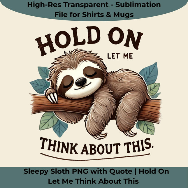 Sleepy Sloth PNG design with quote “Hold On Let Me Think About This,” exclusive creative artwork by Style Junction Custom Digital Designs.