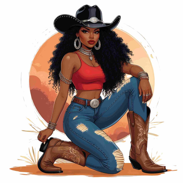 Desert Sunset Cowgirl design by Style Junction Custom Digital Designs features a confident cowgirl in western attire.