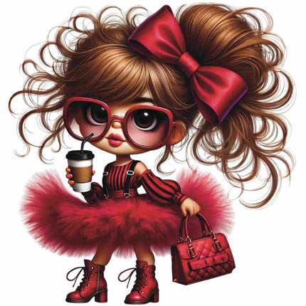 Red Bow Glam Fashion Girl DTF Heat Transfers by Style Junction Custom Digital Designs, featuring chic oversized sunglasses and bold red accessories.