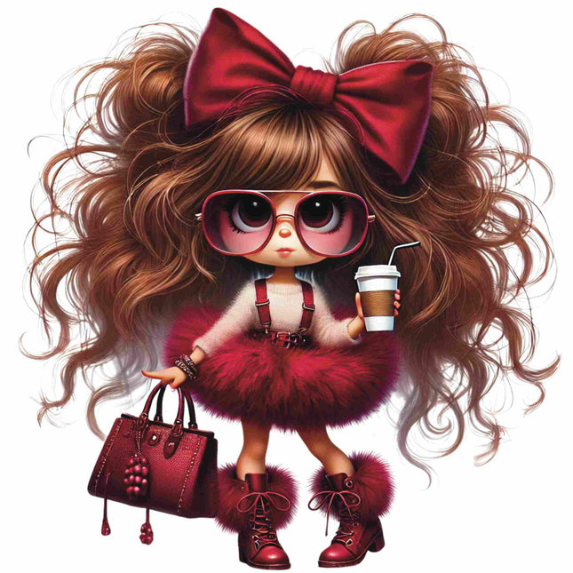 Red Bow Glam Fashion Girl DTF Heat Transfer featuring oversized sunglasses and voluminous curls by Style Junction Custom Digital Designs.