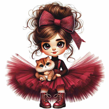 Red Bow Glam Fashion Girl DTF Heat Transfers #9 by Style Junction Custom Digital Designs with cute girl and kitten art.