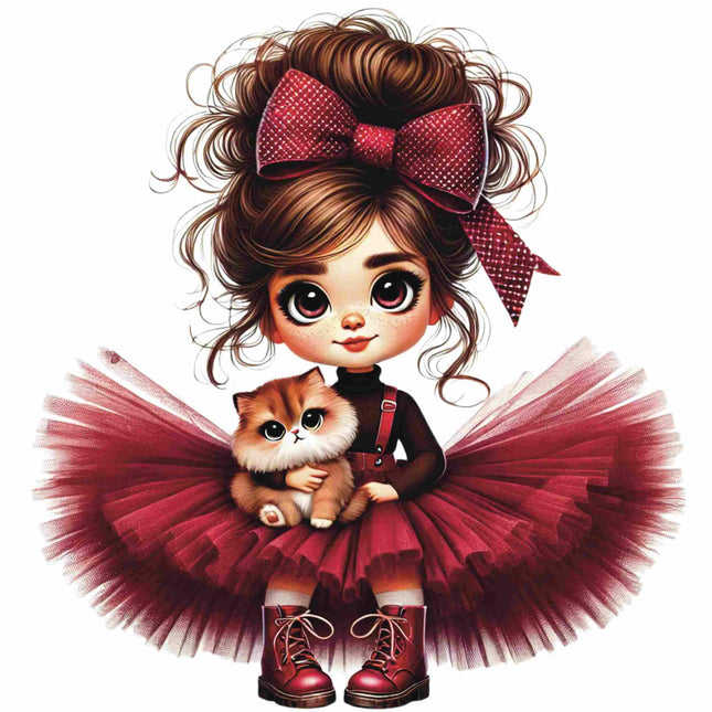 Red Bow Glam Fashion Girl DTF Heat Transfers #9 by Style Junction Custom Digital Designs with cute girl and kitten art.