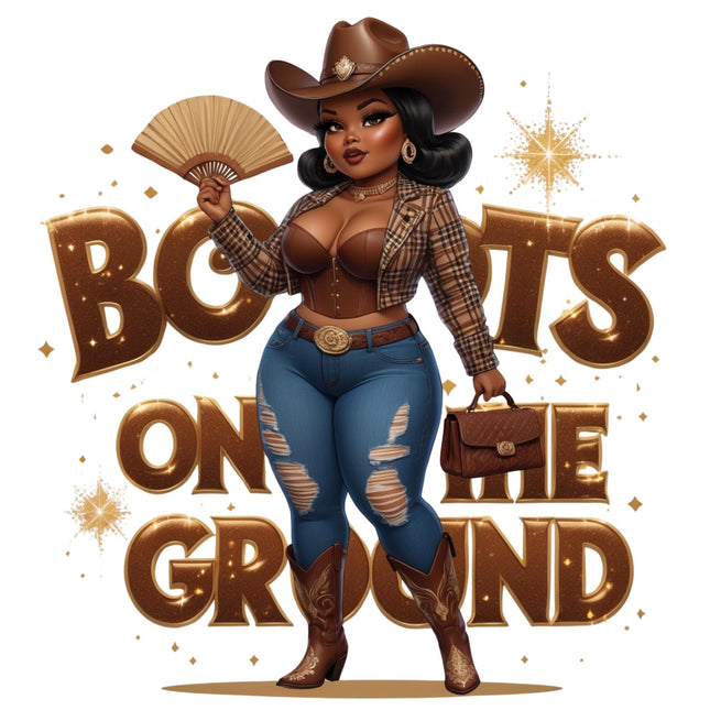 Plaid Brown Cowgirl in Boots DTF Heat Transfers #2 by Style Junction Custom Digital Designs, exclusive Western PNG graphic.