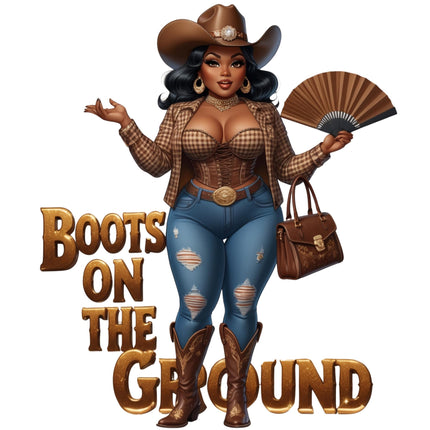 Plaid Brown Cowgirl in Boots DTF Heat Transfer by Style Junction Custom Digital Designs, exclusive ready to press PNG artwork.