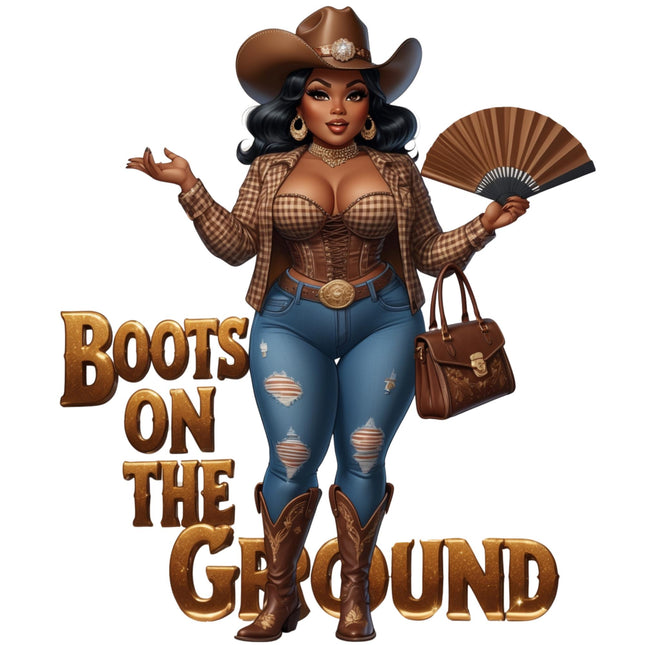 Plaid Brown Cowgirl in Boots DTF Heat Transfer by Style Junction Custom Digital Designs, exclusive ready to press PNG artwork.