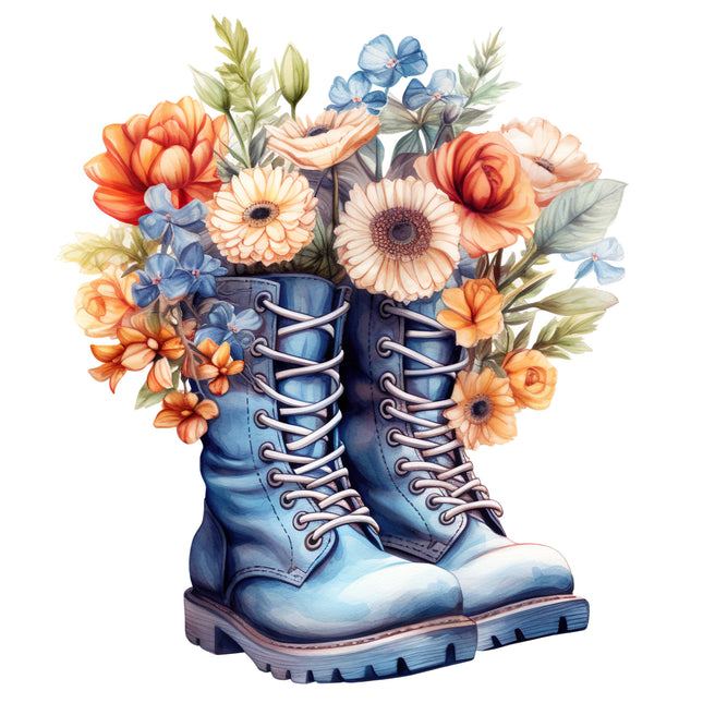 Watercolor Combat Boots with Flowers DTF Heat Transfers #3 by Style Junction Custom Digital Designs, unique vibrant floral PNG design.