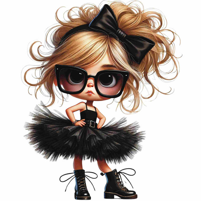 Vintage-Inspired Fashion Doll DTF Heat Transfer showcasing a sassy fashionista in black, Style Junction Custom Digital Designs.