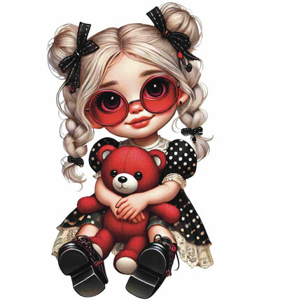 Polka Dot Glam Girl Sitting Pose DTF Heat Transfers #2 by Style Junction Custom Digital Designs features a stylish girl hugging a red teddy bear.