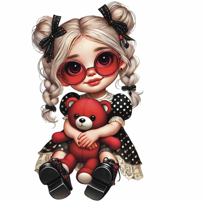 Polka Dot Glam Girl Sitting Pose DTF Heat Transfers #2 by Style Junction Custom Digital Designs features a stylish girl hugging a red teddy bear.