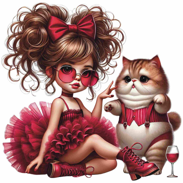 Red Bow Glam Fashion Girl Eco Solvent Heat Transfers #4 by Style Junction Custom Digital Designs features stylish girl and cat in vibrant reds.