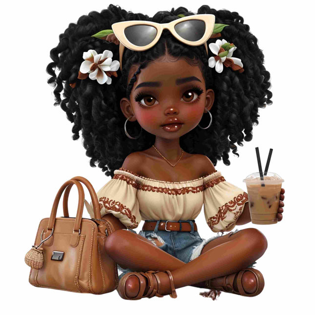 Curly Glam Girl with iced coffee design by Style Junction Custom Digital Designs, exclusive ready to press PNG artwork.