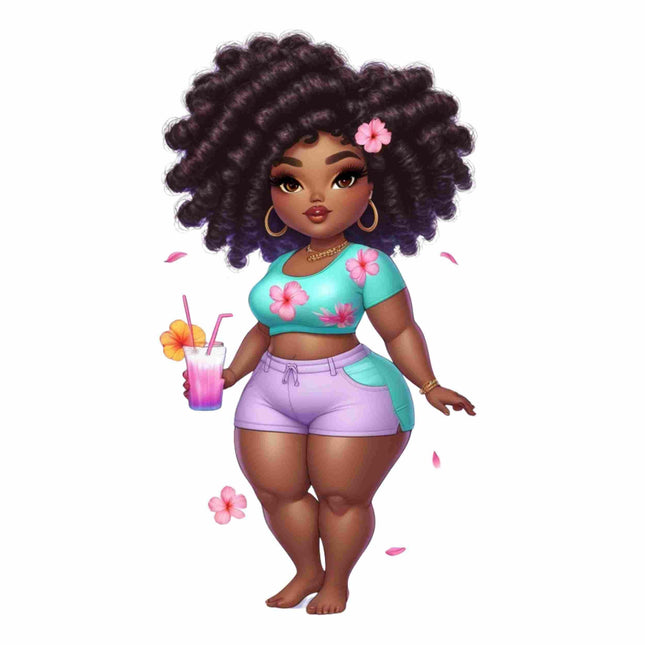 Curvy Island Glow Girl with Drink DTF Heat Transfer by Style Junction Custom Digital Designs celebrates tropical vibes and confident beauty.