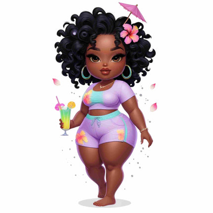 Curvy Island Glow Girl with Drink DTF Heat Transfer by Style Junction Custom Digital Designs, a vibrant exclusive printable artwork.